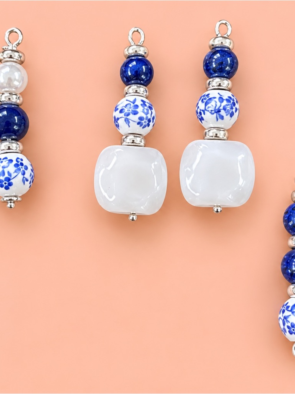 Handmade Blue and White Ceramic Bead Drop Earrings